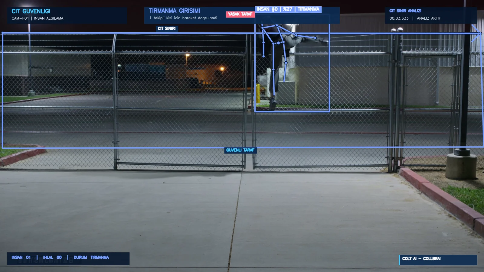 An event sequence from safe tracking to a climbing warning at the front fence.