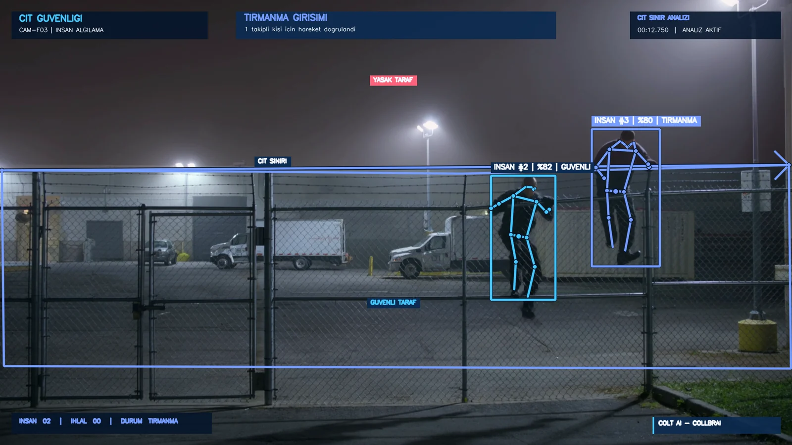 Multi-person approach and fence behavior across a wide camera view.