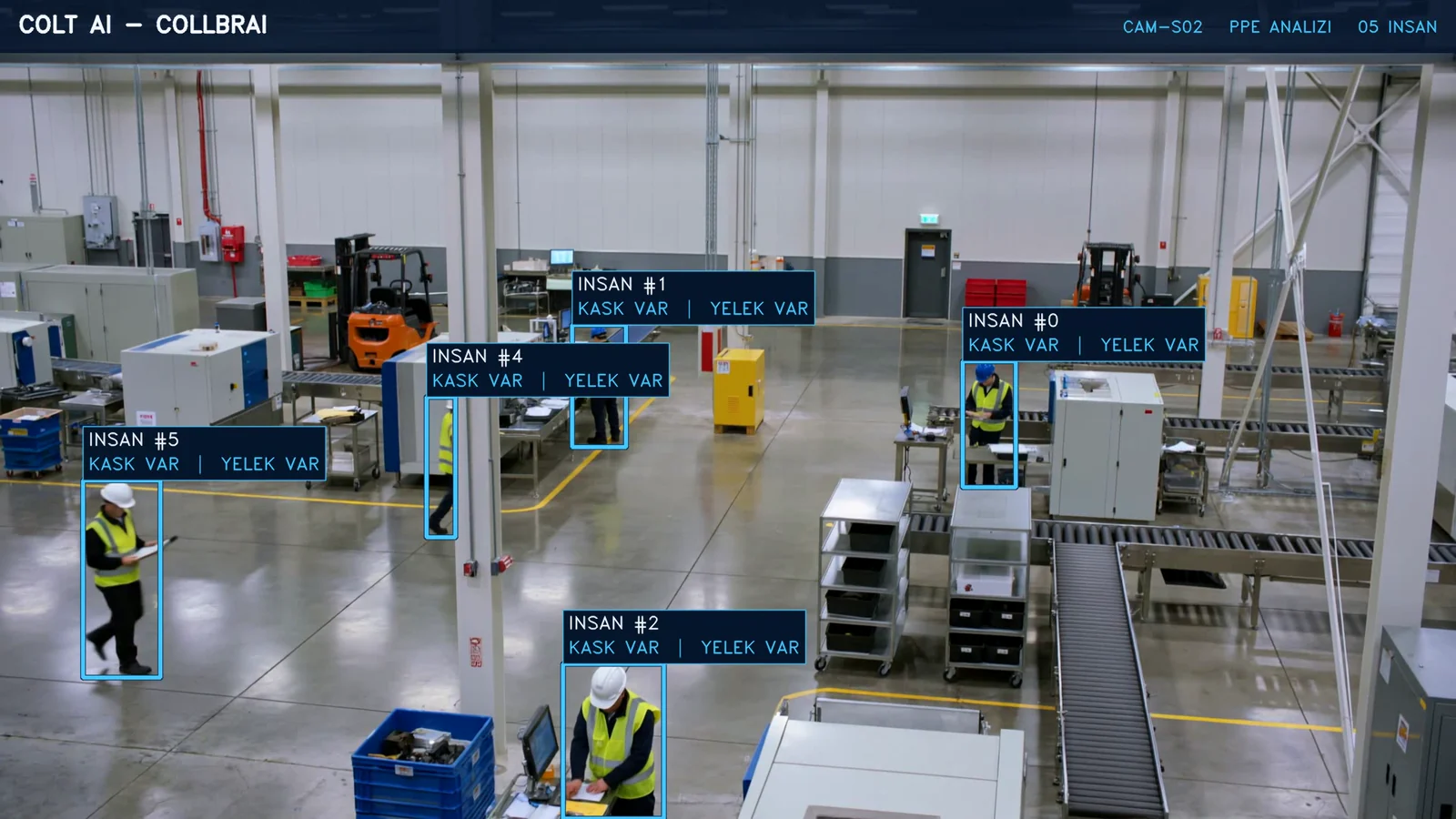 A safe counter-example where workers with compliant hard hats and high-visibility vests are tracked individually without an active alert.